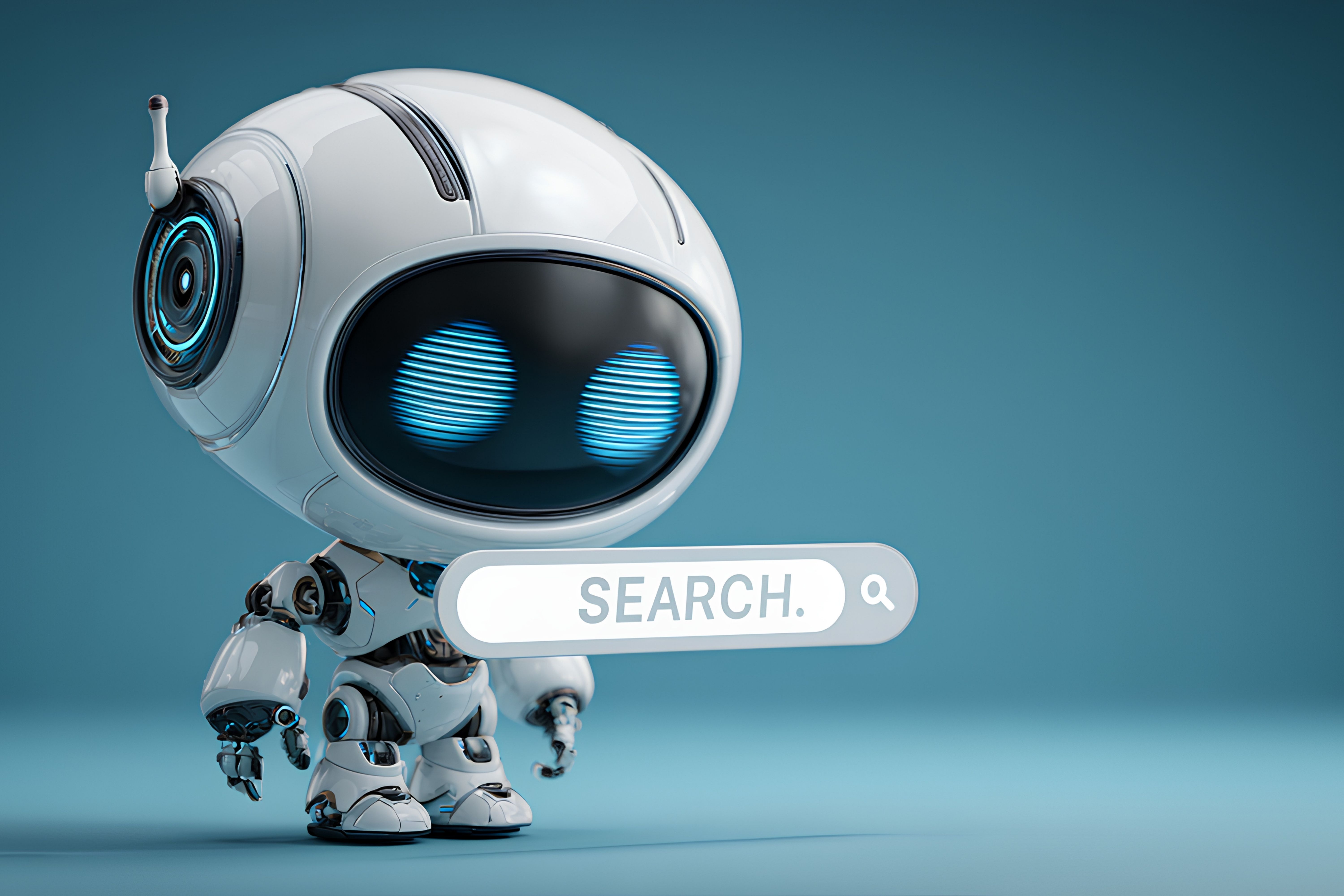 Robot with search icon in the blue background